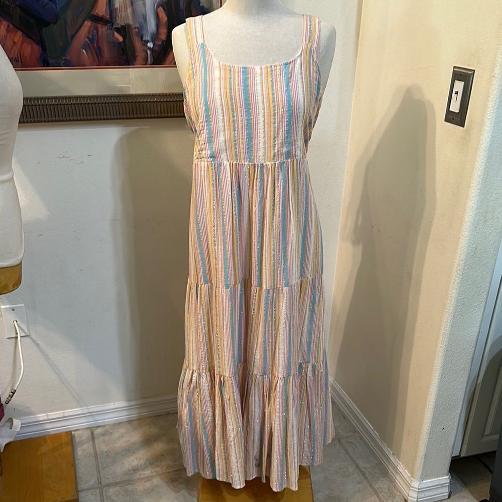 Linda Anderson Striped Cotton-Gauze Multicolor Tiered Sundress Size Large
